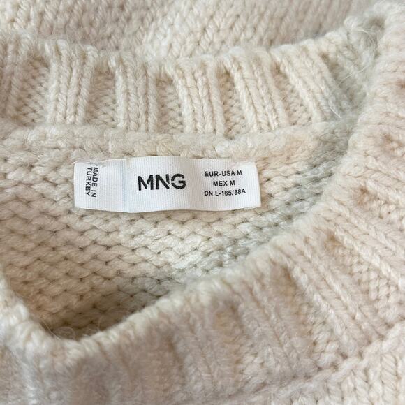 MANGO Crew Neck Sweater Pom-Pom Chunky Cable Knit Balloon Sleeve, Cream - Picture 5 of 8
